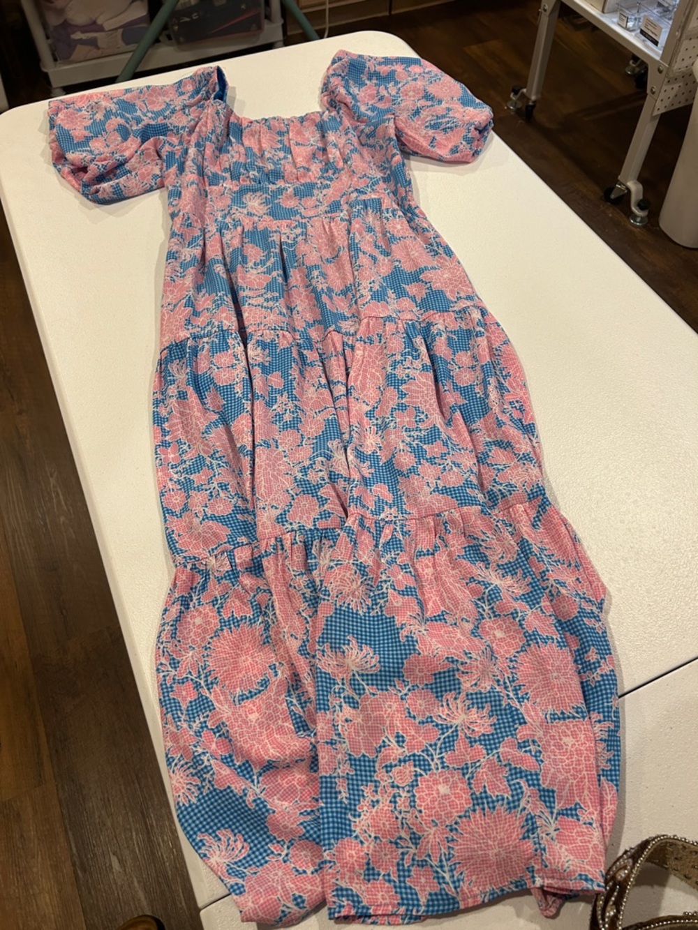 Floral Puff Sleeve Tiered Maxi Dress - Blue & Pink